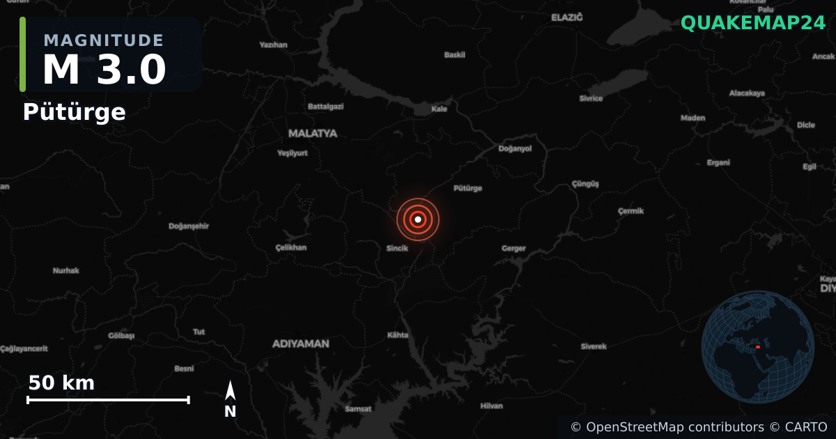 M3.0 earthquake near Pütürge on May 18, 2025 — map of epicenter and shaking intensity | QuakeMap24