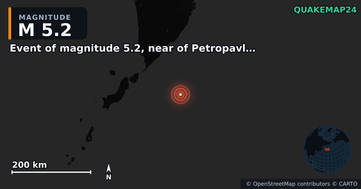 M5.2 earthquake near Event of magnitude 5.2, near of Petropavlovsk Kamchatskiy (Monde) on Jan 26, 2026 — map of epicenter and shaking intensity | QuakeMap24