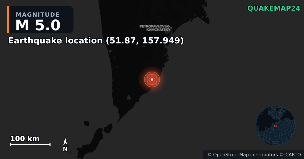 M5.0 earthquake near Local do sismo (51.87, 157.949) on Aug 10, 2025 — map of epicenter and shaking intensity | QuakeMap24