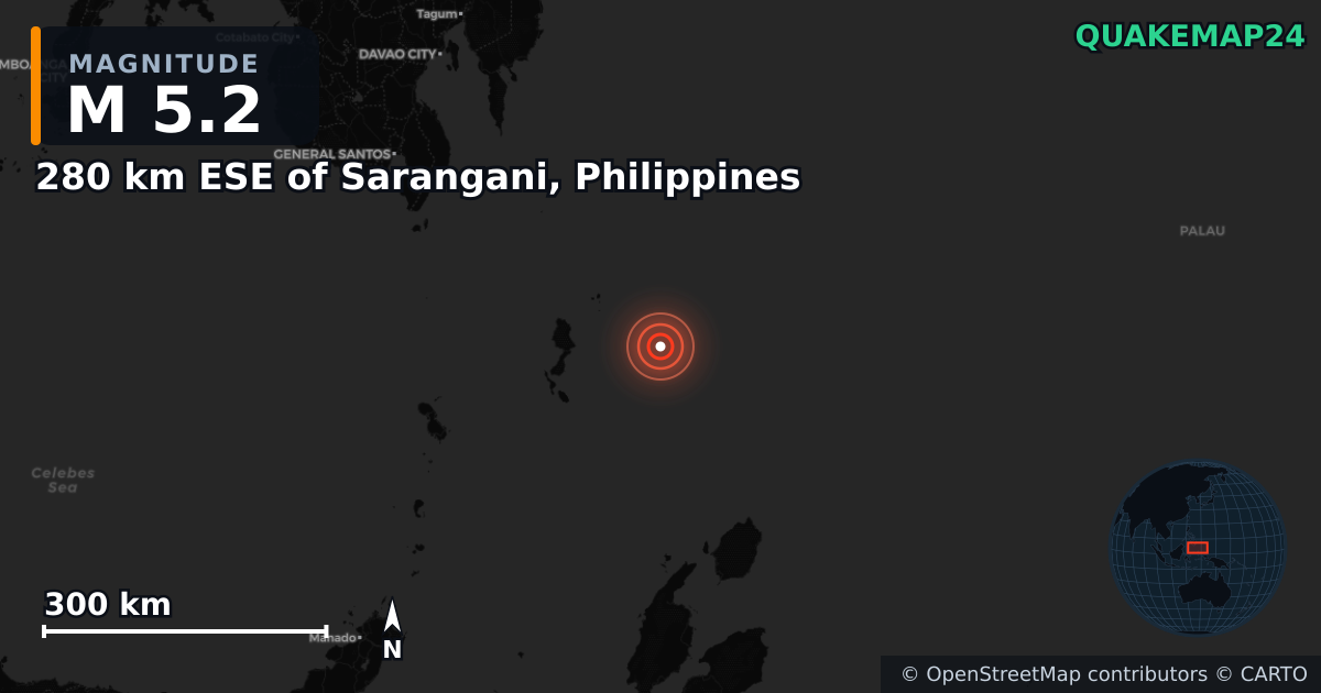 280 km ESE of Sarangani, Philippines yakınında M5,2 deprem — Deprem merkez üssünün konumunu gösteren harita