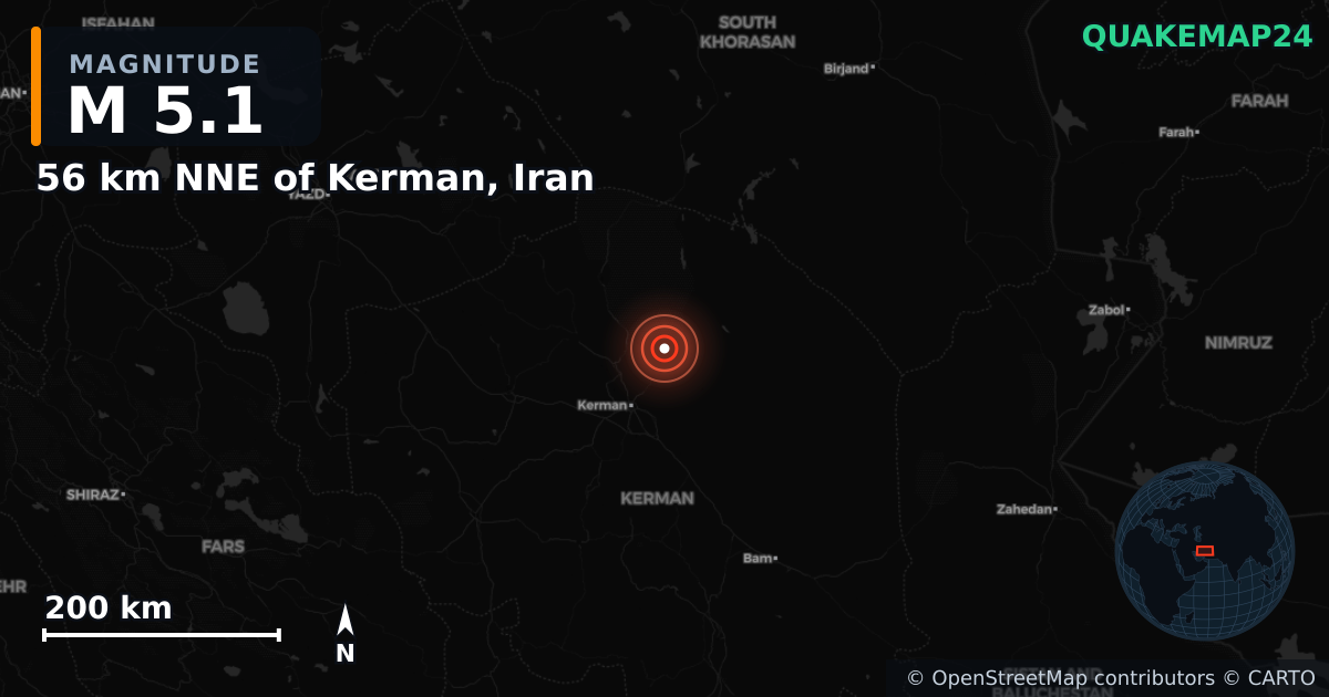 56 km NNE of Kerman, Iran yakınında M5,1 deprem — Deprem merkez üssünün konumunu gösteren harita