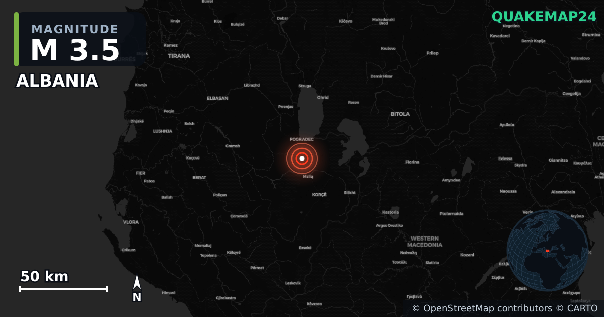 M3.5 earthquake near ALBANIA on Apr 24, 2025 — map of epicenter and shaking intensity | QuakeMap24