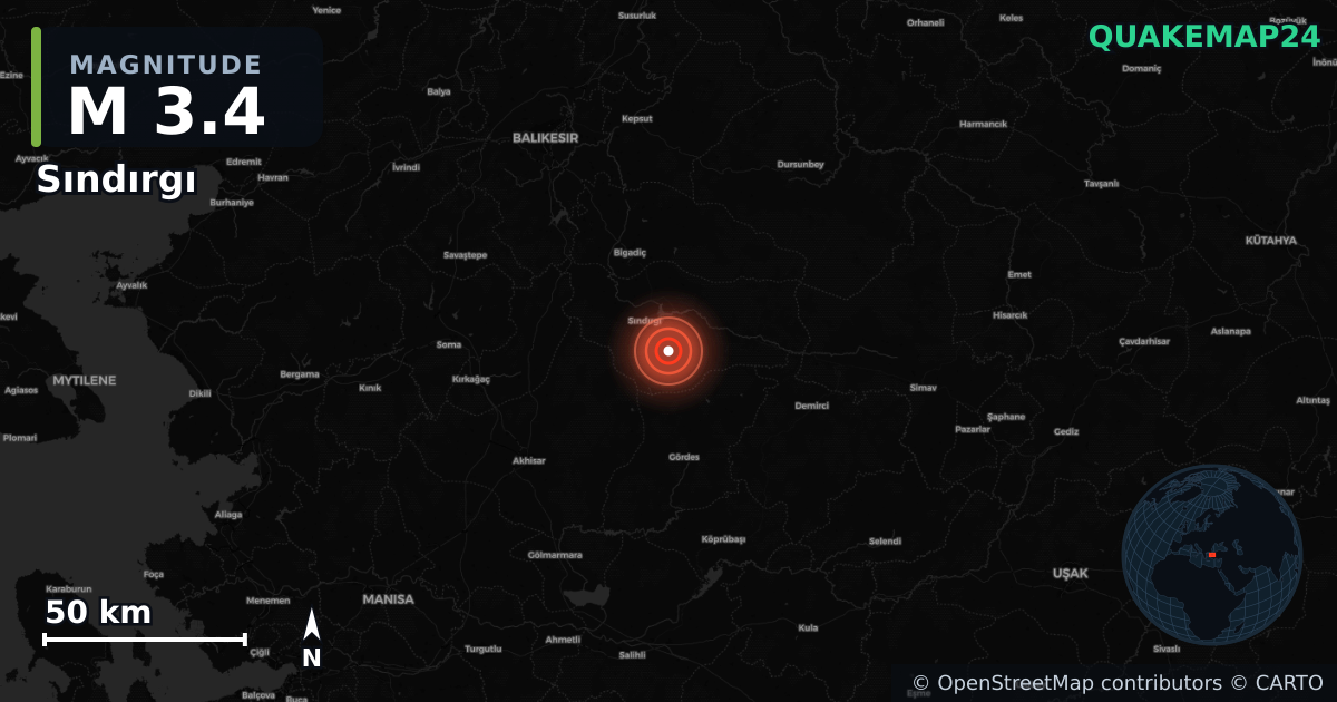 M3.4 earthquake near Sındırgı on Aug 23, 2025 — map of epicenter and shaking intensity | QuakeMap24