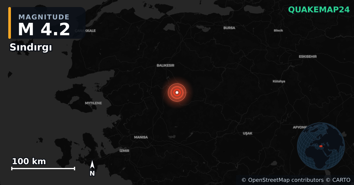 M4.2 earthquake near Sındırgı on Aug 18, 2025 — map of epicenter and shaking intensity | QuakeMap24
