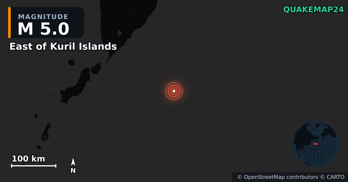 M5.0 earthquake near East of Kuril Islands on Aug 3, 2025 — map of epicenter and shaking intensity | QuakeMap24