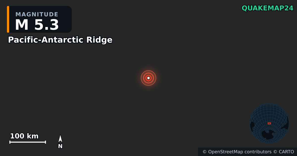 M5.3 earthquake near Pacific-Antarctic Ridge on Sep 12, 2025 — map of epicenter and shaking intensity | QuakeMap24