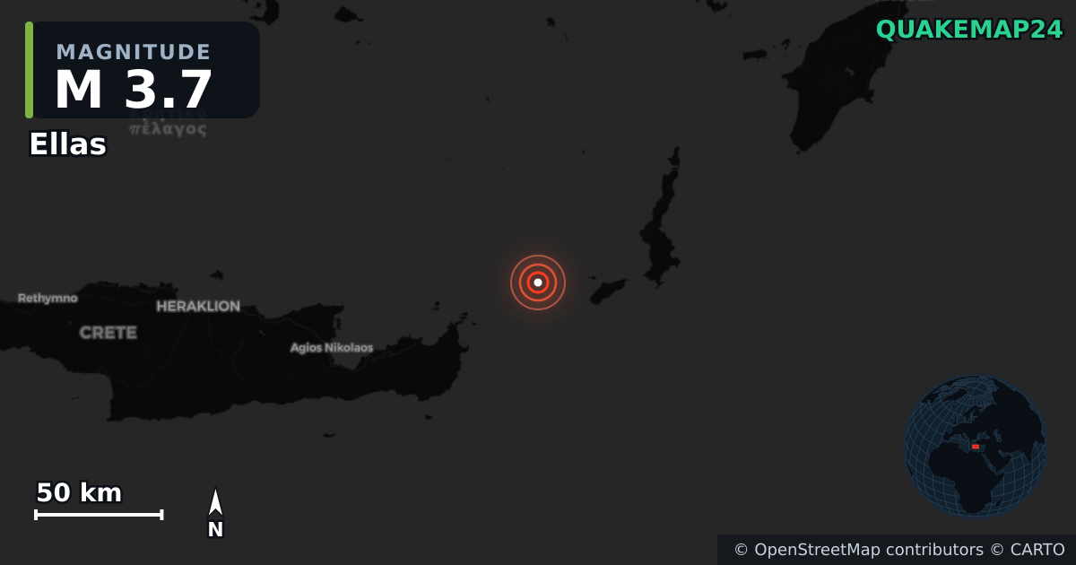 M3.7 earthquake near Ellas on May 23, 2026 — map of epicenter and shaking intensity | QuakeMap24