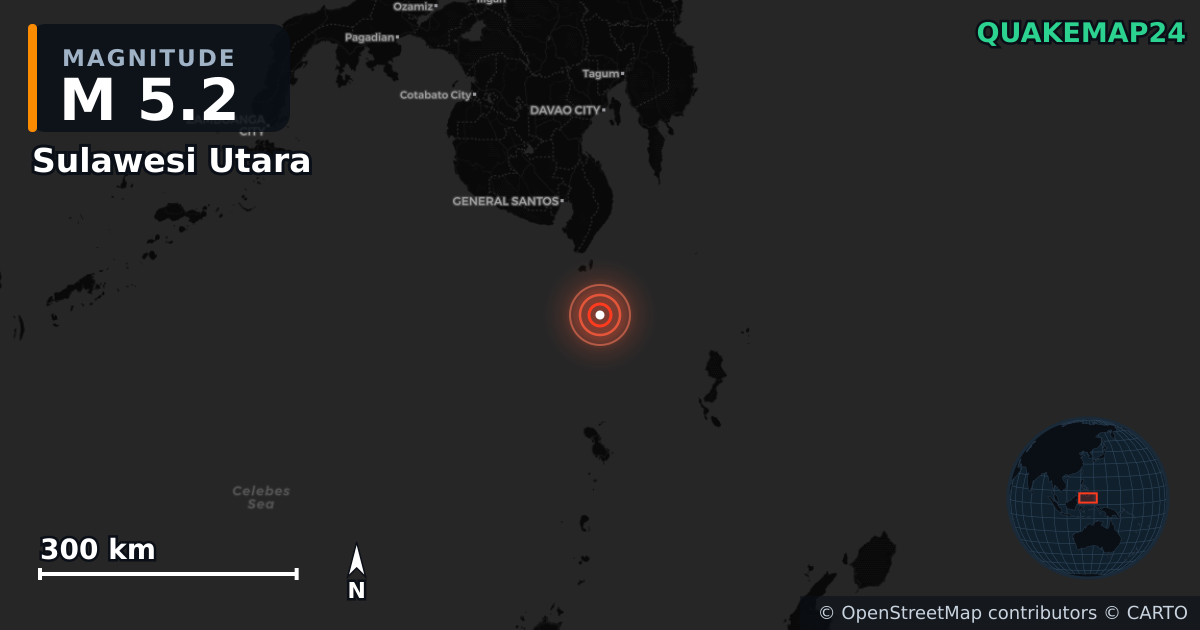 M5.2 earthquake near Sulawesi Utara on Nov 3, 2025 — map of epicenter and shaking intensity | QuakeMap24