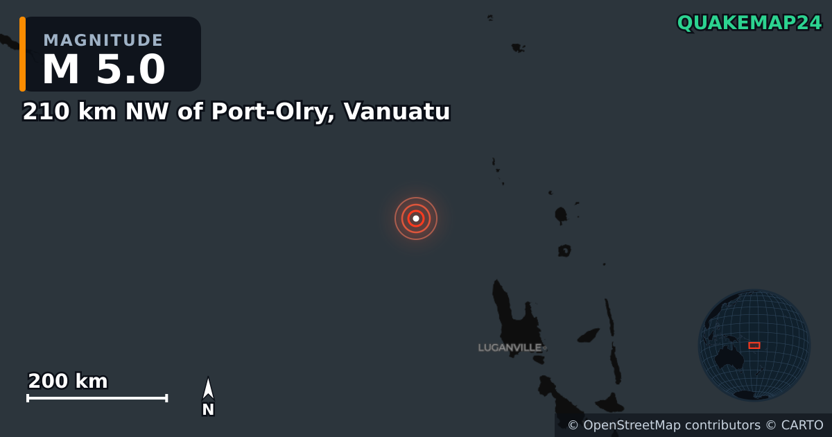 210 km NW of Port-Olry, Vanuatu yakınında M5,0 deprem · 2026-10-24 — Deprem merkez üssünün konumunu gösteren harita