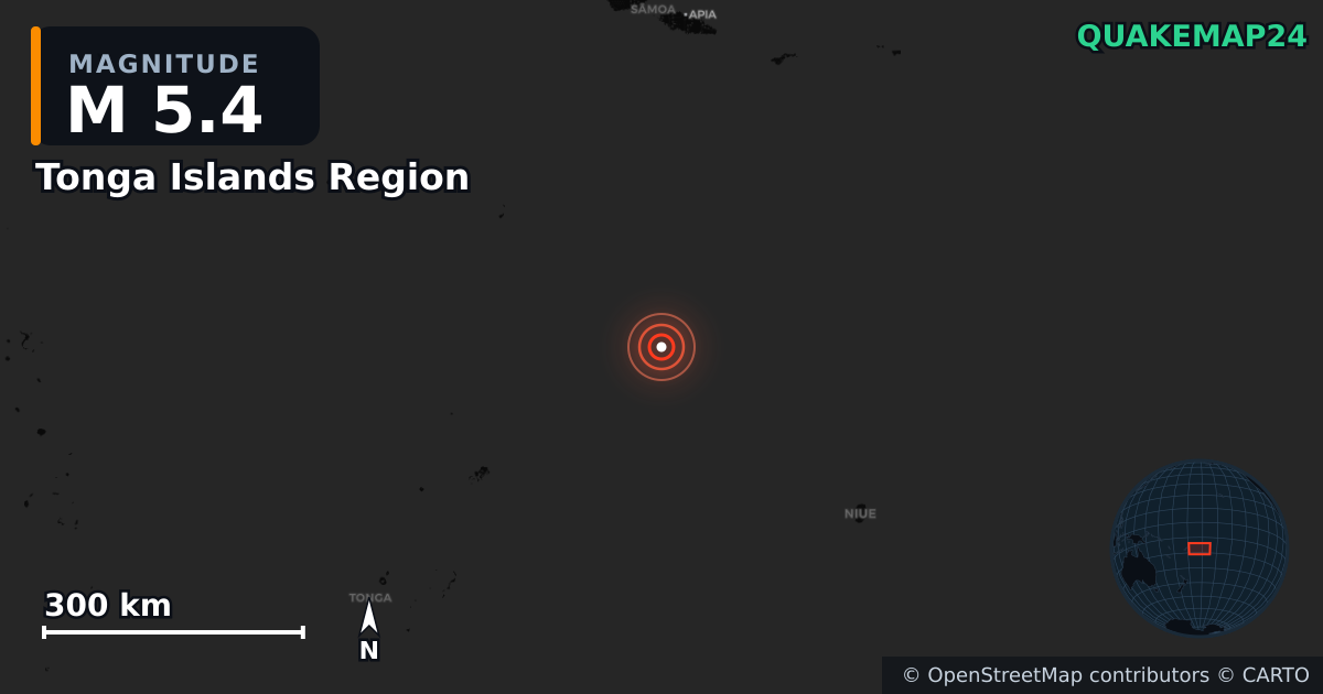 M5.4 earthquake near Tonga Islands Region on Aug 23, 2025 — map of epicenter and shaking intensity | QuakeMap24