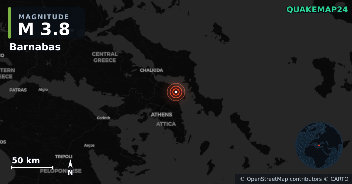 M3.8 earthquake near Barnabas on Oct 3, 2025 — map of epicenter and shaking intensity | QuakeMap24