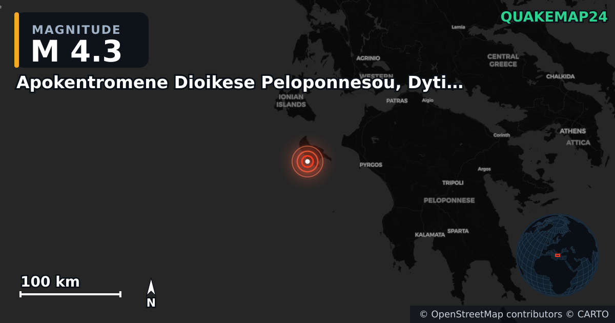 M4.3 earthquake near Apokentromene Dioikese Peloponnesou, Dytikes Elladas kai Ioniou on Oct 1, 2025 — map of epicenter and shaking intensity | QuakeMap24
