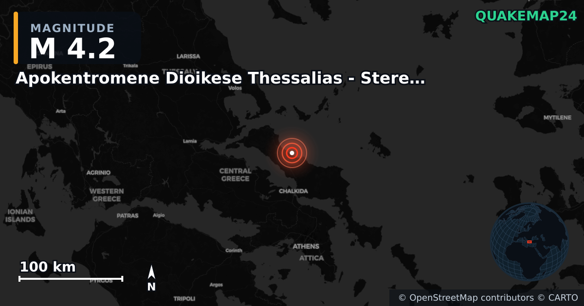 M4.2 earthquake near Apokentromene Dioikese Thessalias - Stereas Ellados on May 17, 2025 — map of epicenter and shaking intensity | QuakeMap24