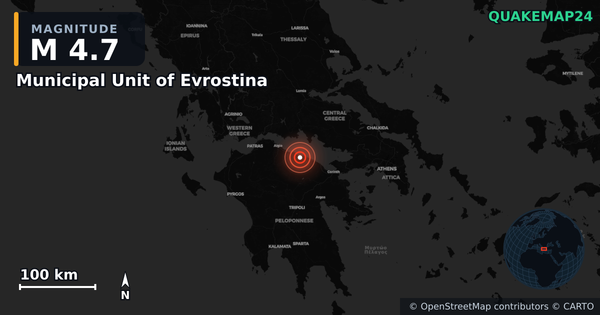 Erdbeben M4,7 bei Municipal Unit of Evrostina, Peloponnese Region (Griechenland) — Karte der Lage des Epizentrums