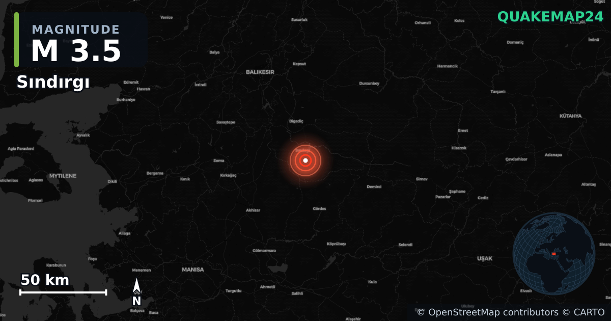M3.5 earthquake near Sındırgı on Oct 8, 2025 — map of epicenter and shaking intensity | QuakeMap24