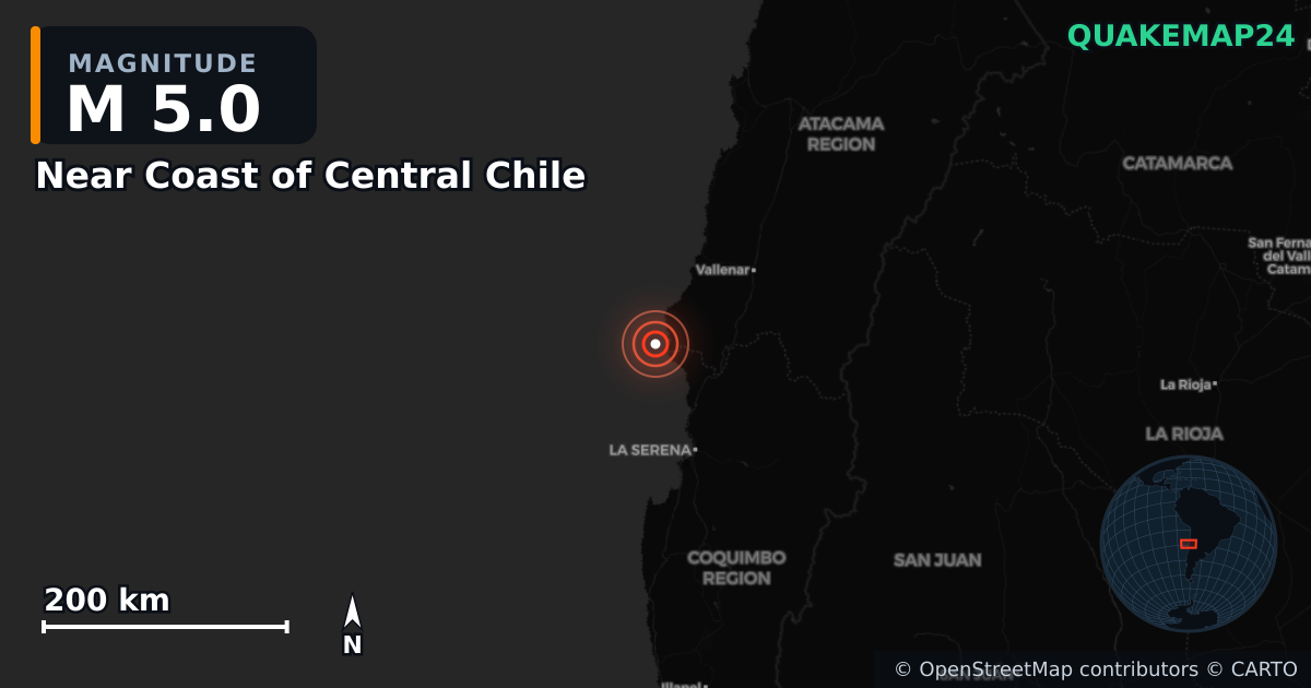 M5.0 earthquake near Near Coast of Central Chile on May 2, 2025 — map of epicenter and shaking intensity | QuakeMap24