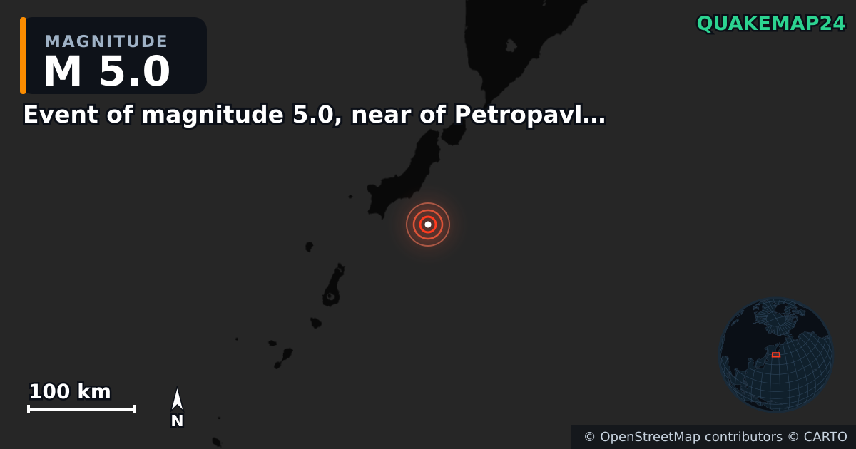 M5.0 earthquake near Event of magnitude 5.0, near of Petropavlovsk Kamchatskiy (Monde) on Aug 21, 2025 — map of epicenter and shaking intensity | QuakeMap24