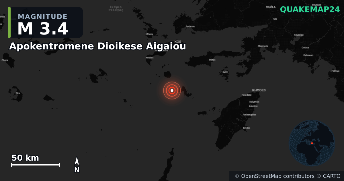 M3.4 earthquake near Apokentromene Dioikese Aigaiou on Sep 26, 2025 — map of epicenter and shaking intensity | QuakeMap24