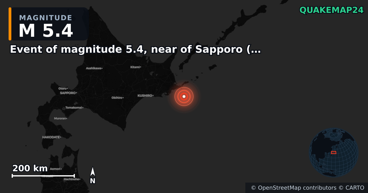 M5.4 earthquake near Event of magnitude 5.4, near of Sapporo (Monde) on Oct 24, 2025 — map of epicenter and shaking intensity | QuakeMap24