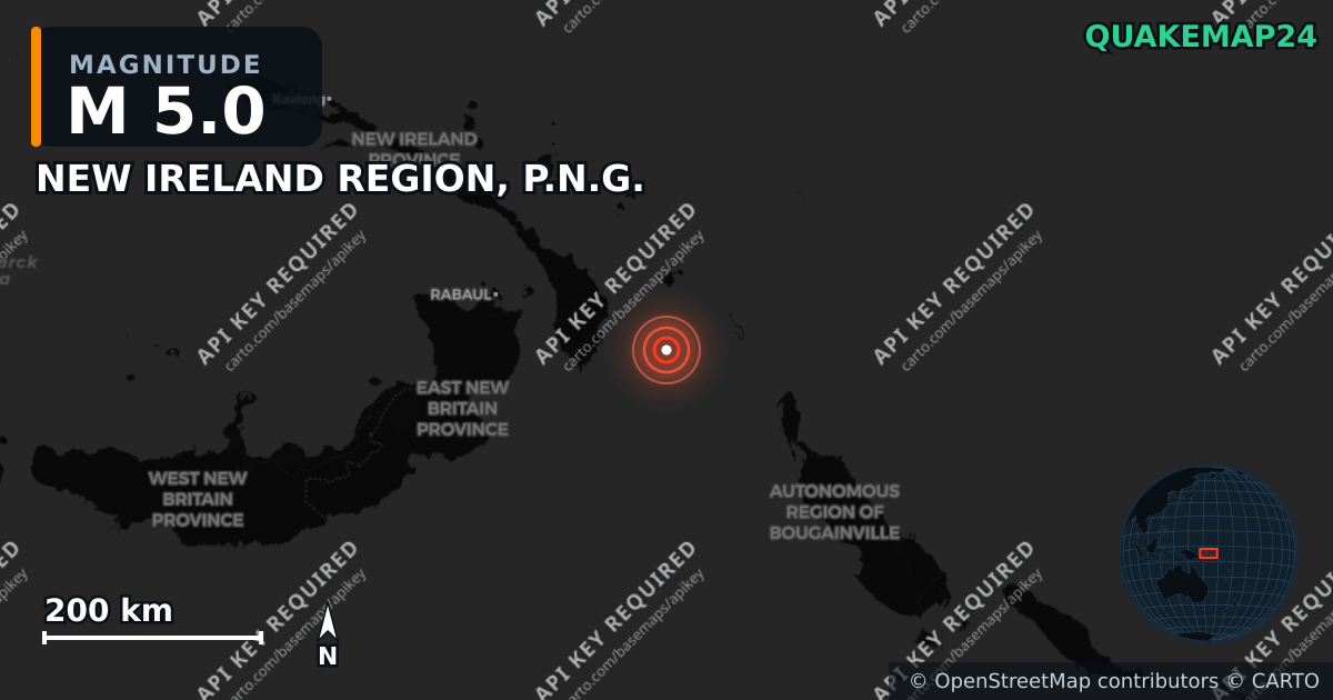 M5.0 earthquake near NEW IRELAND REGION, P.N.G. on Apr 24, 2026 — map of epicenter and shaking intensity | QuakeMap24