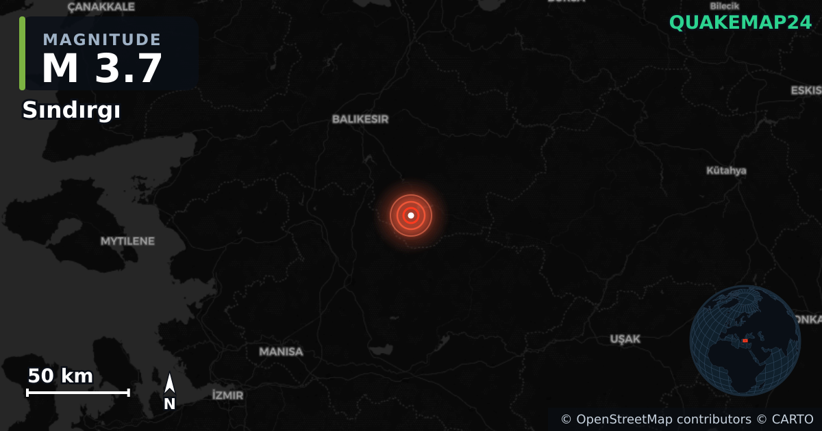 M3.7 earthquake near Sındırgı on Aug 25, 2025 — map of epicenter and shaking intensity | QuakeMap24