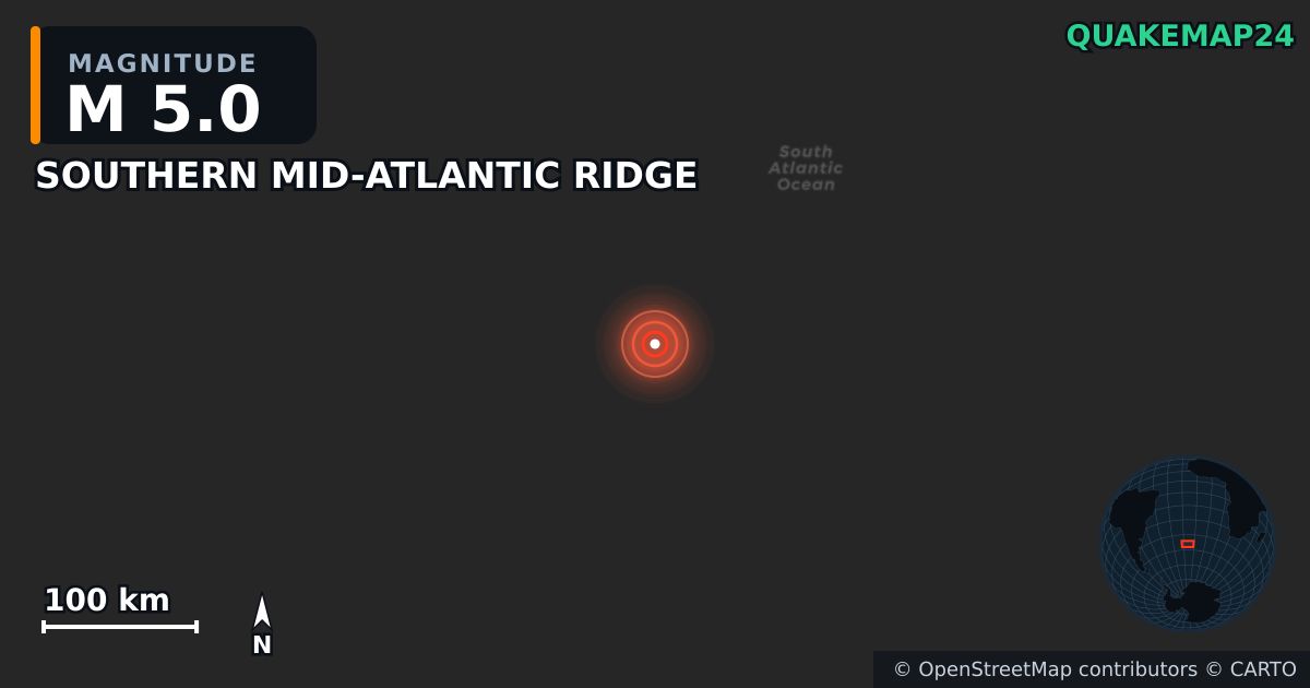 Erdbeben M5,0 bei SOUTHERN MID-ATLANTIC RIDGE · 2025-08-06 — Karte der Lage des Epizentrums