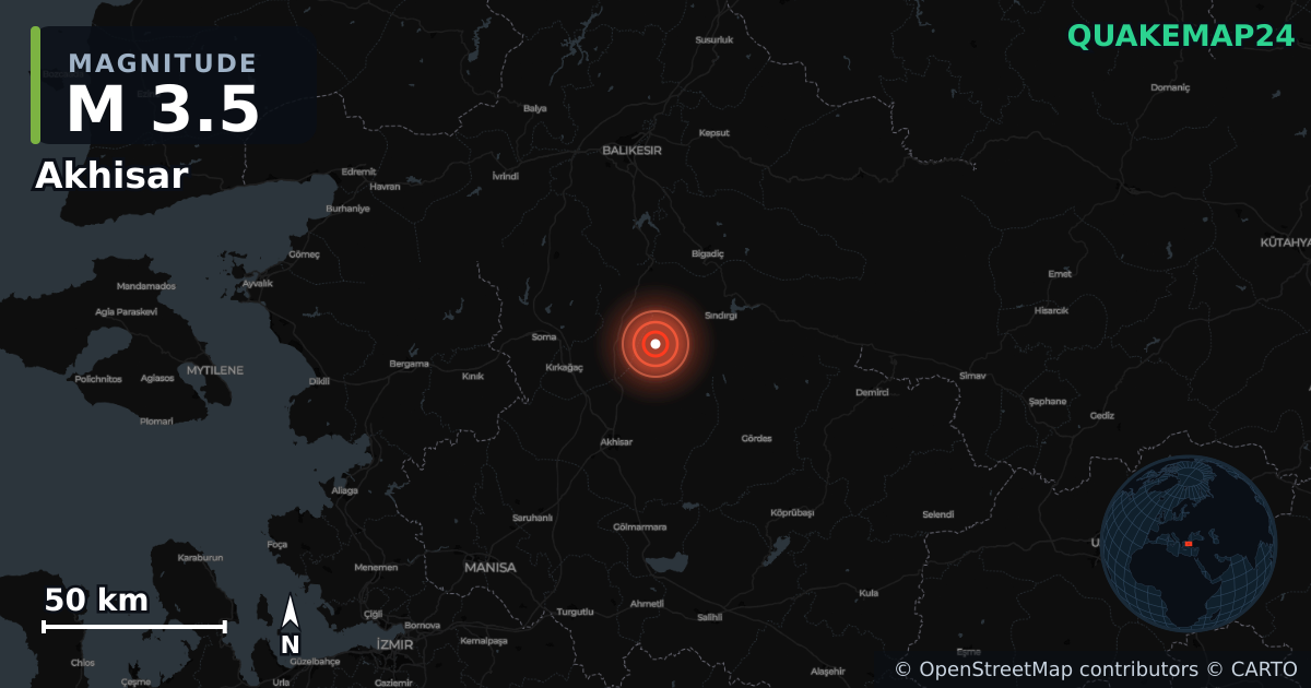 Terremoto de M3,5 cerca de Akhisar (Turquía) · 2025-12-04 — Mapa de la ubicación del epicentro
