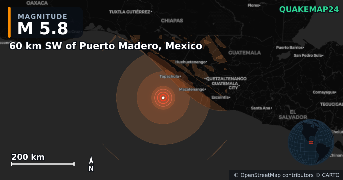 M5.8 earthquake near 60 km SW of Puerto Madero, Mexico on Jul 28, 2026 — map of epicenter and shaking intensity | QuakeMap24