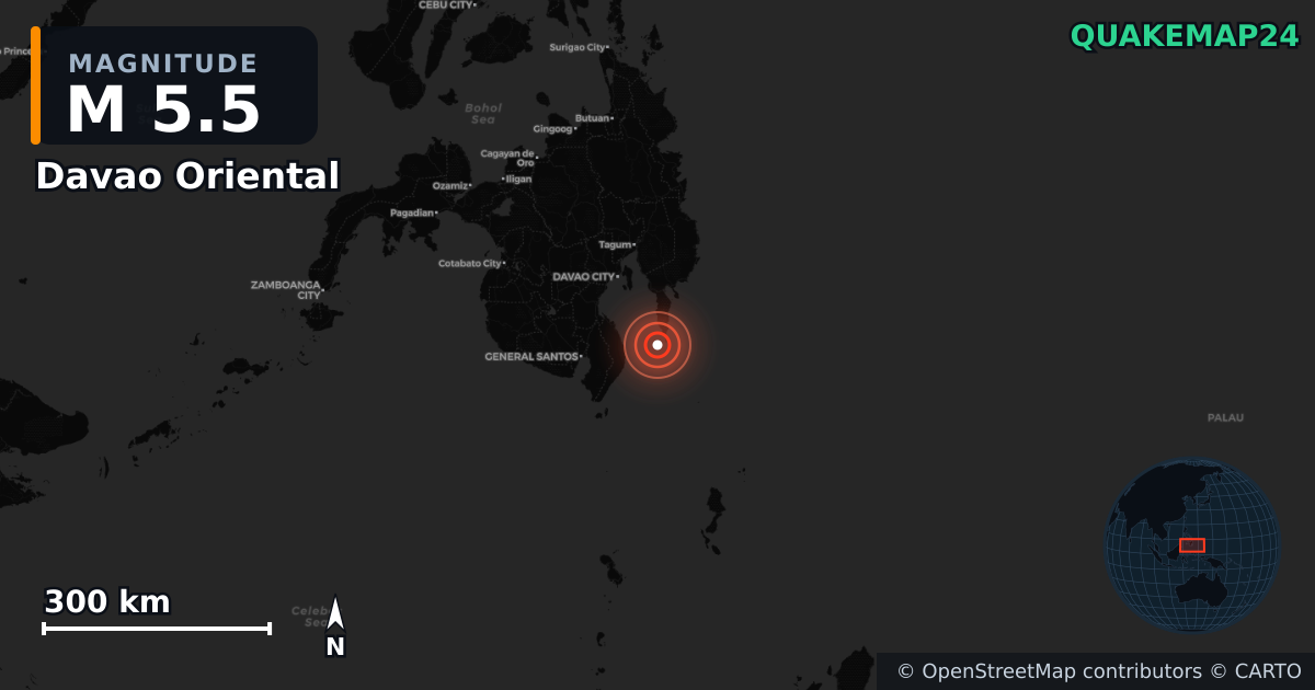 M5.5 earthquake near Davao Oriental on Nov 25, 2025 — map of epicenter and shaking intensity | QuakeMap24