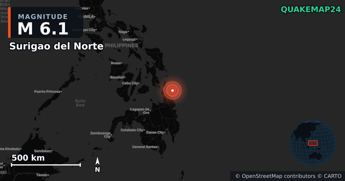M6.1 earthquake near Surigao del Norte on Oct 16, 2025 — map of epicenter and shaking intensity | QuakeMap24
