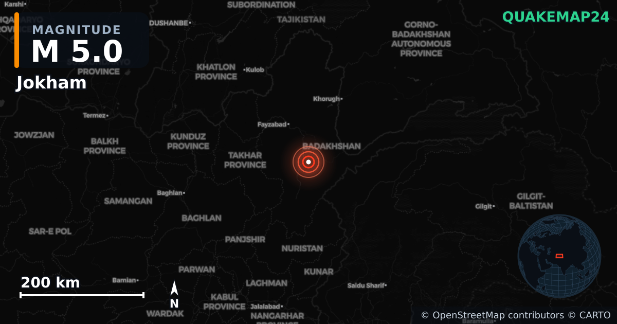 M5.0 earthquake near Jokham on Aug 19, 2025 — map of epicenter and shaking intensity | QuakeMap24