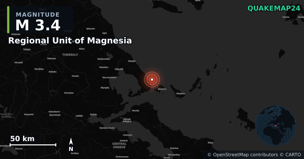 Sismo de M3,4 perto de Regional Unit of Magnesia, Thessaly (Grécia) · 2026-04-28 — Mapa da localização do epicentro