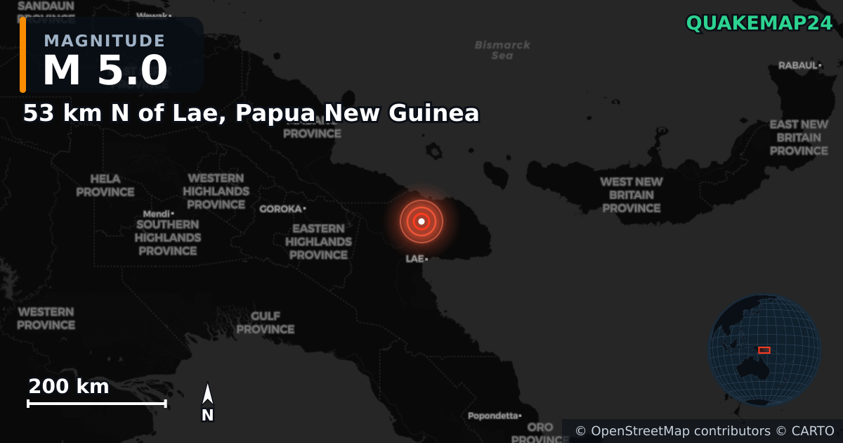 M5.0 earthquake near 53 km N of Lae, Papua New Guinea on Jan 13, 2025 — map of epicenter and shaking intensity | QuakeMap24