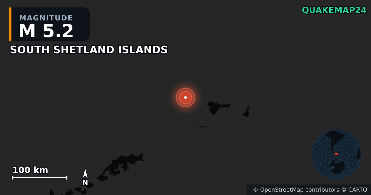 M5.2 Earthquake near SOUTH SHETLAND ISLANDS · 2026-04-09 — Map showing the location of the epicenter