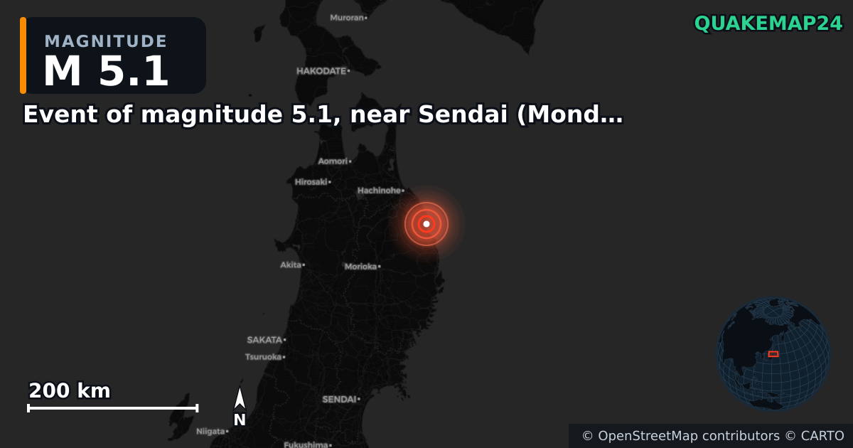M5.1 earthquake near Event of magnitude 5.1, near Sendai (Monde) on Apr 20, 2026 — map of epicenter and shaking intensity | QuakeMap24