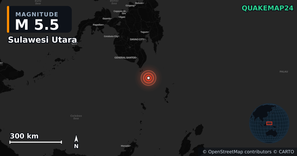 Erdbeben M5,5 bei Sulawesi Utara (Indonesien) — Karte der Lage des Epizentrums