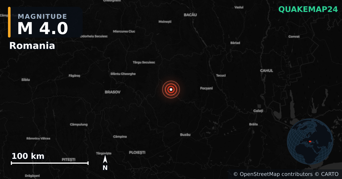 M4.0 earthquake near Romania on Oct 25, 2025 — map of epicenter and shaking intensity | QuakeMap24