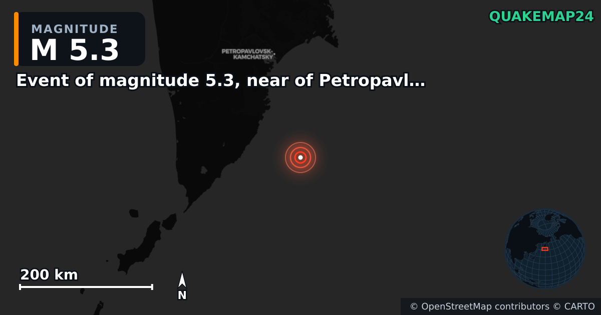 M5.3 earthquake near Event of magnitude 5.3, near of Petropavlovsk Kamchatskiy (Monde) on Oct 5, 2025 — map of epicenter and shaking intensity | QuakeMap24