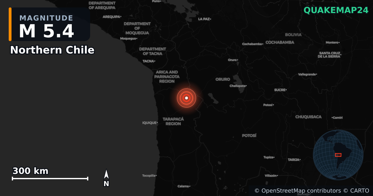 M5.4 earthquake near Northern Chile on Sep 25, 2025 — map of epicenter and shaking intensity | QuakeMap24