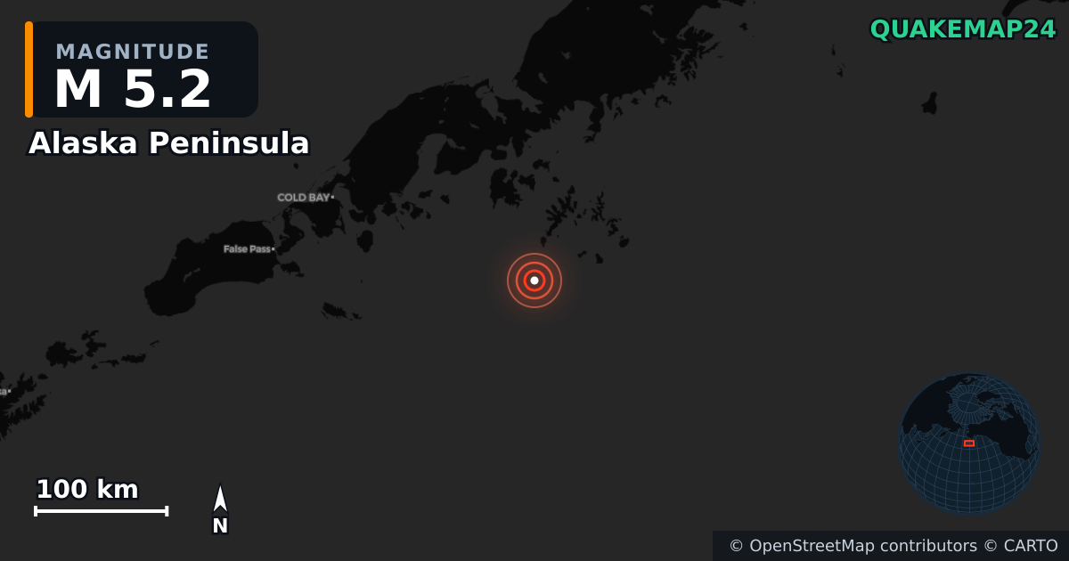 Alaska Peninsula yakınında M5,2 deprem — Deprem merkez üssünün konumunu gösteren harita