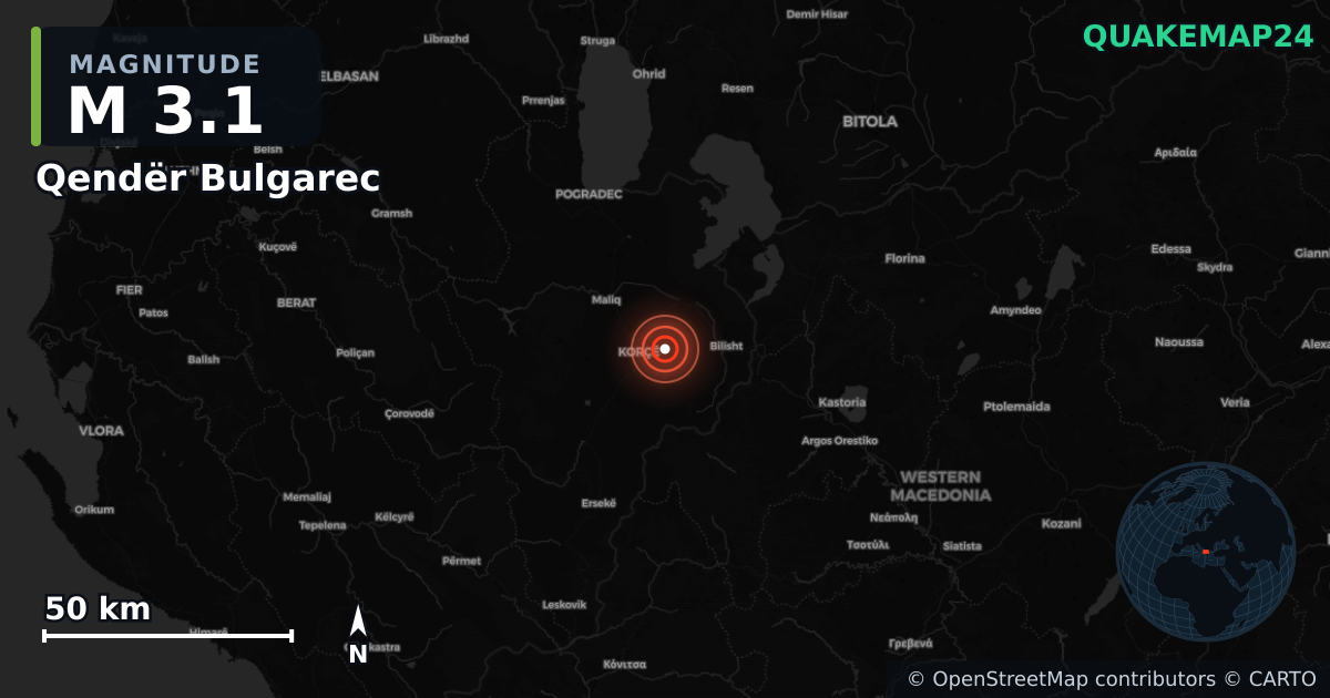 M3.1 earthquake near Qendër Bulgarec on Jan 27, 2026 — map of epicenter and shaking intensity | QuakeMap24