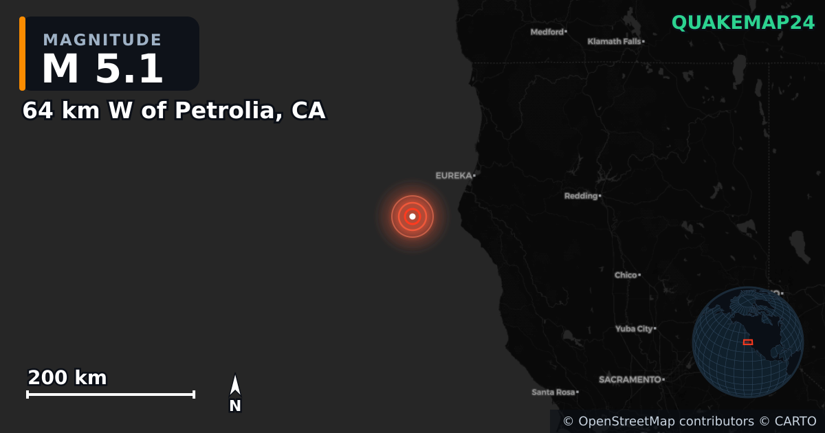 M5.1 earthquake near 64 km W of Petrolia, CA on Jun 3, 2026 — map of epicenter and shaking intensity | QuakeMap24