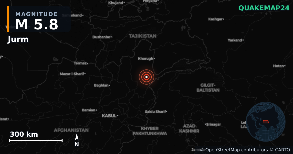 M5.8 earthquake near Jurm on Apr 3, 2026 — map of epicenter and shaking intensity | QuakeMap24