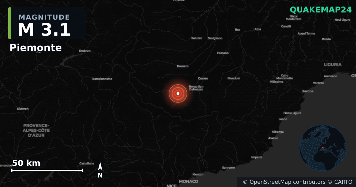M3.1 earthquake near Piemonte on Oct 10, 2025 — map of epicenter and shaking intensity | QuakeMap24