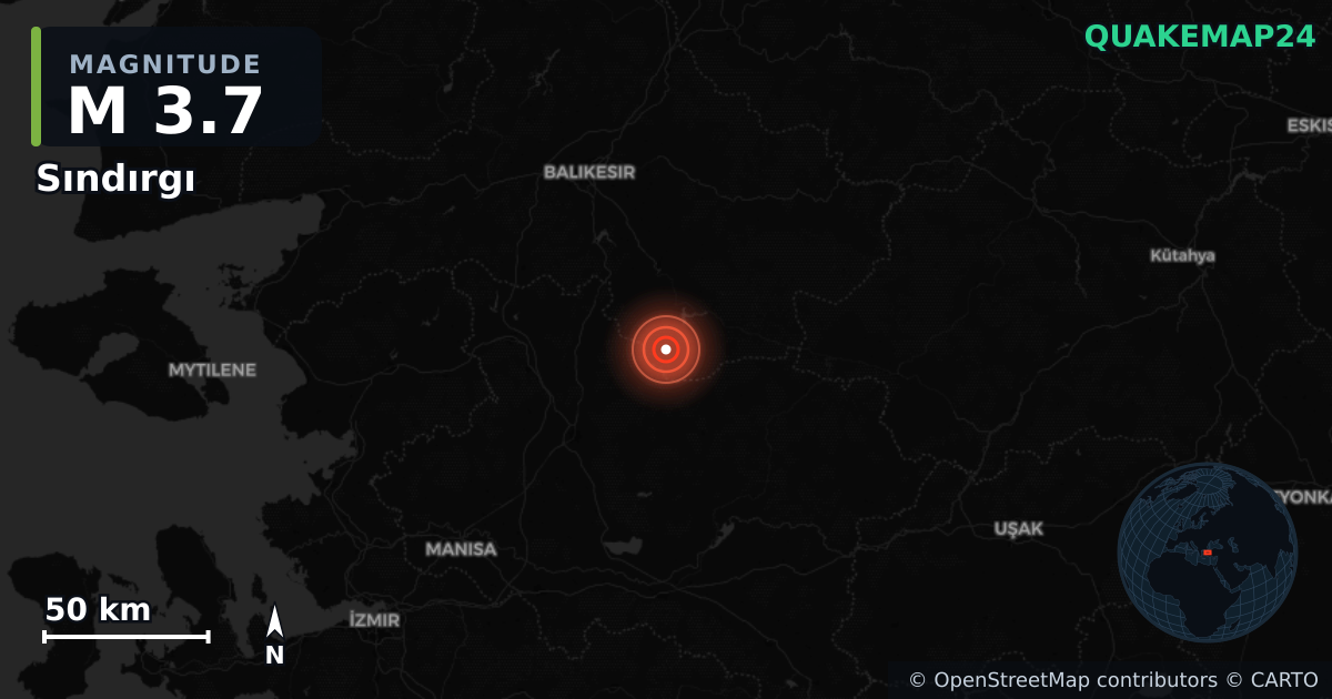 M3.7 earthquake near Sındırgı on Sep 3, 2025 — map of epicenter and shaking intensity | QuakeMap24