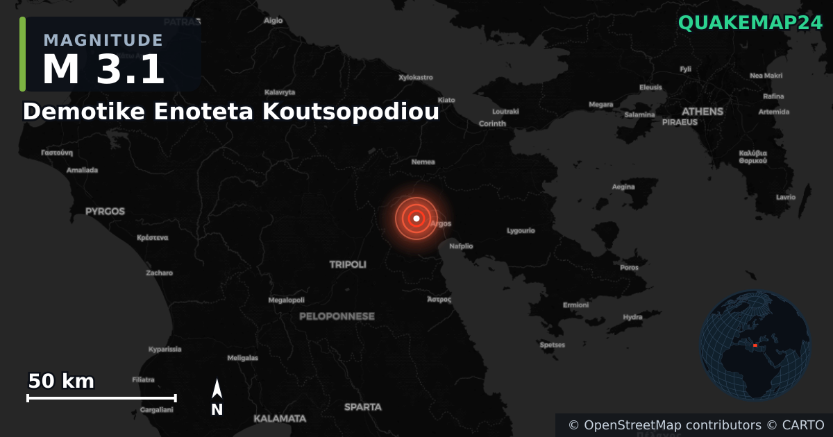 M3.1 earthquake near Demotike Enoteta Koutsopodiou on Jan 11, 2026 — map of epicenter and shaking intensity | QuakeMap24