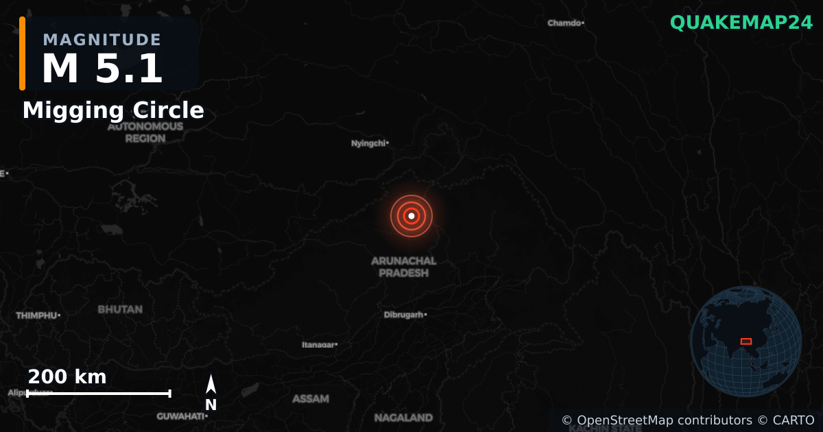 M5.1 earthquake near Migging Circle on Jul 16, 2026 — map of epicenter and shaking intensity | QuakeMap24