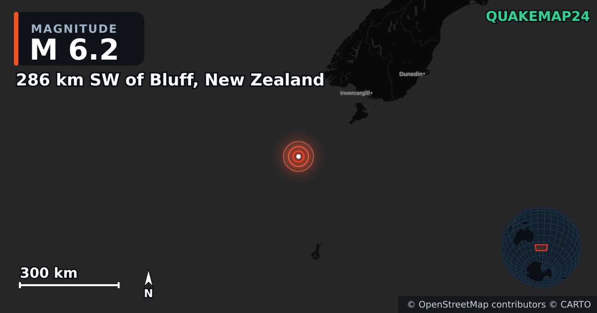 Erdbeben M6,2 bei 286 km SW of Bluff, New Zealand · 2025-04-29 — Karte der Lage des Epizentrums