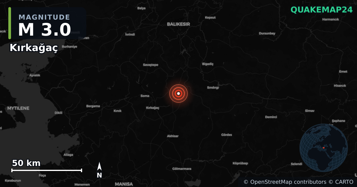 M3.0 earthquake near Kırkağaç on Oct 28, 2025 — map of epicenter and shaking intensity | QuakeMap24