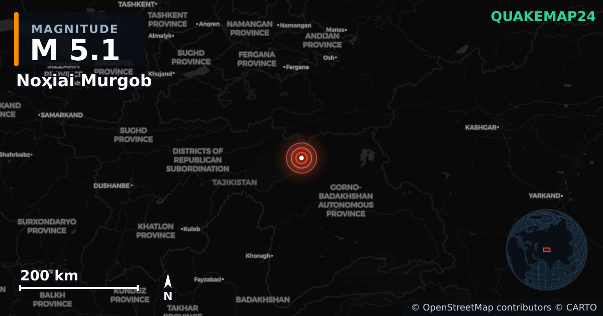 M5.1 earthquake near Noҳiai Murgob on Jun 3, 2026 — map of epicenter and shaking intensity | QuakeMap24